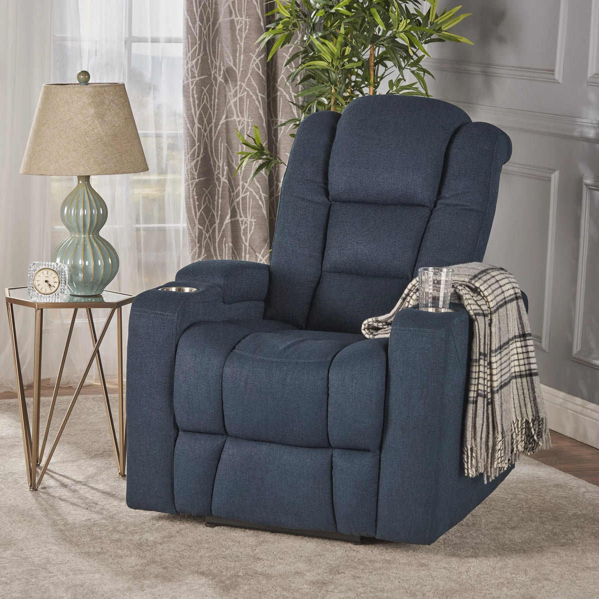 Navy Blue Tufted Fabric Power Recliner A589296