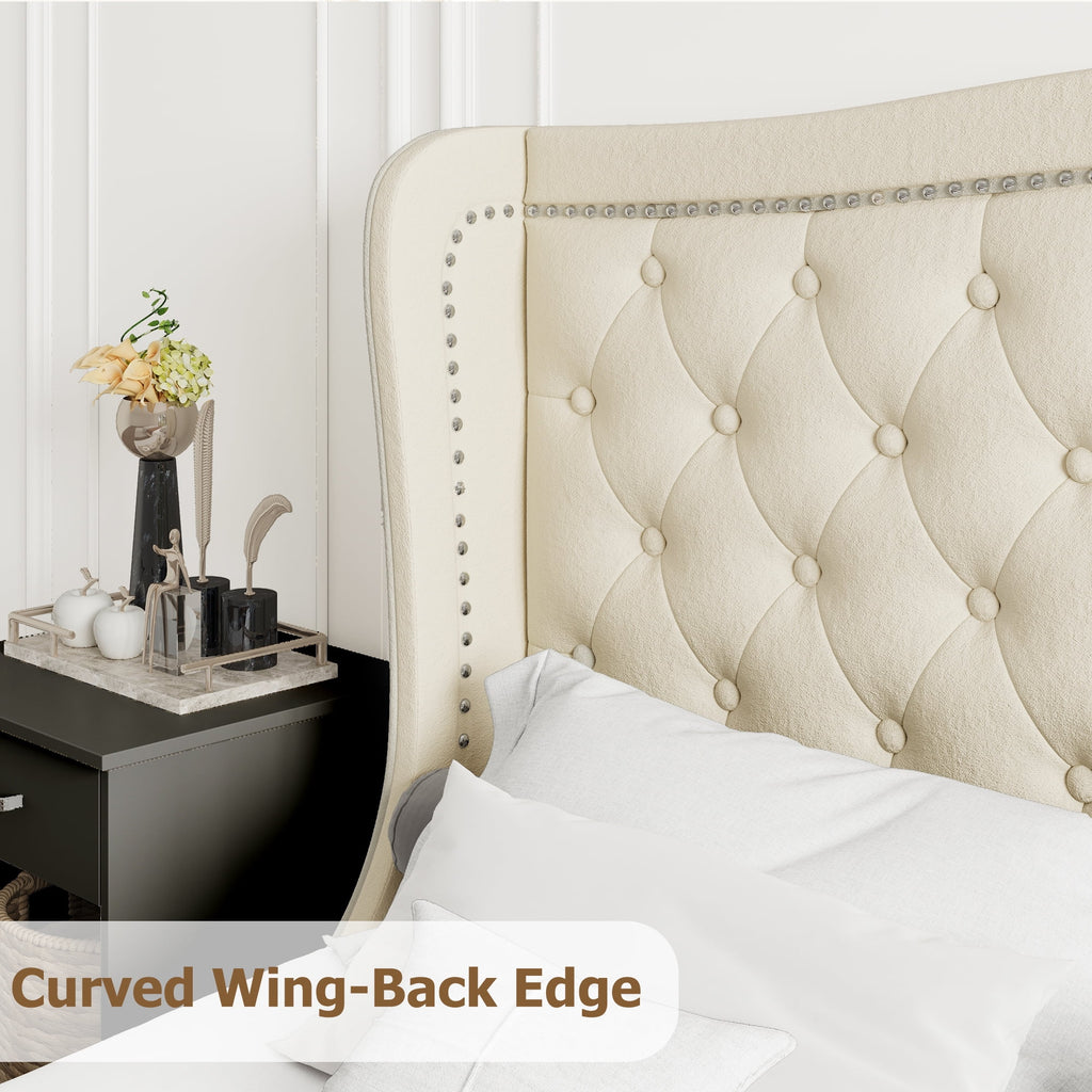 King Bed Frame with Wing-Back Button Tufted Upholstered Headboard D2126