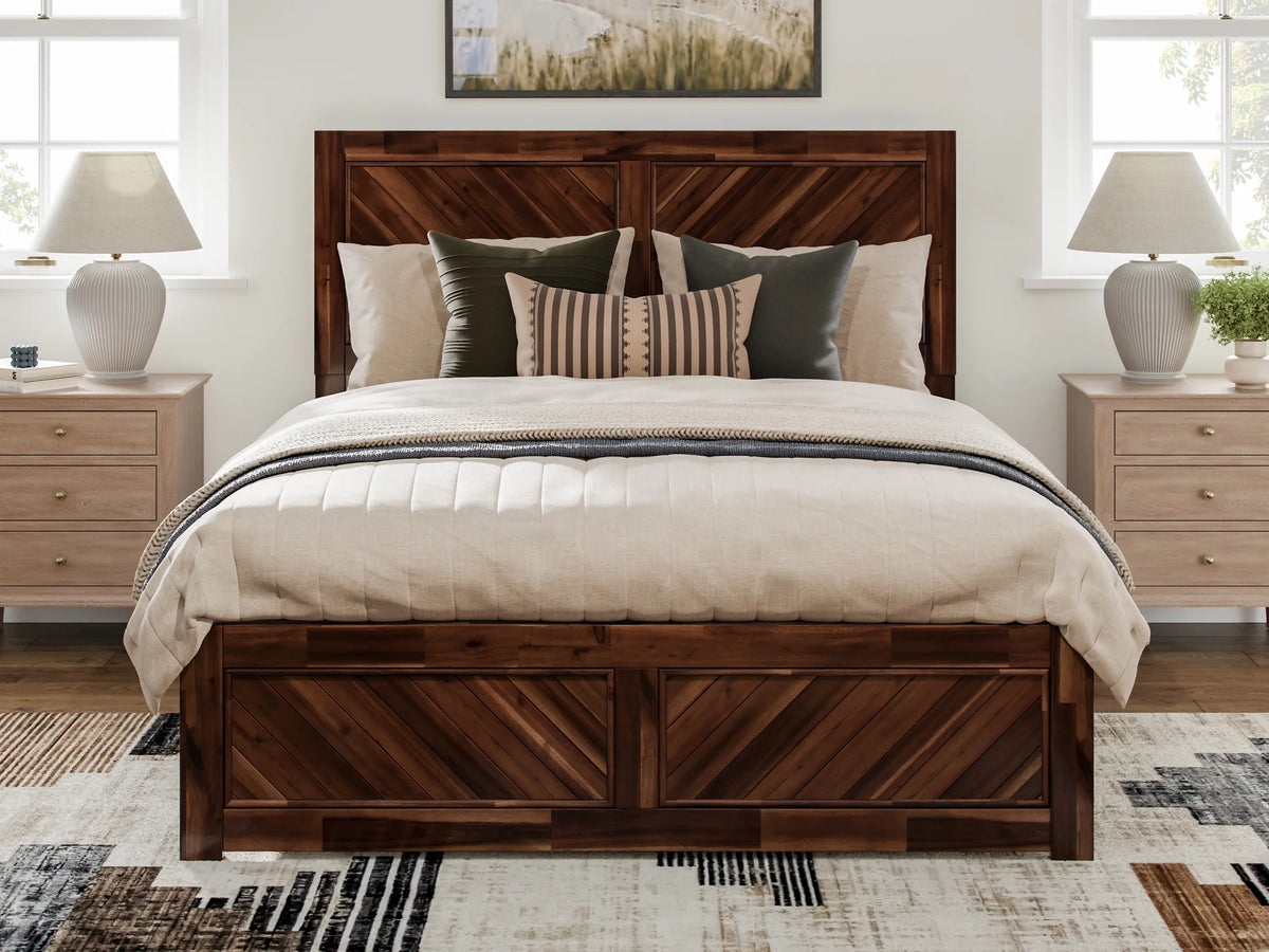 Queen Solid Wood Low Profile Platform Bed with Footboard, Walnut P51953