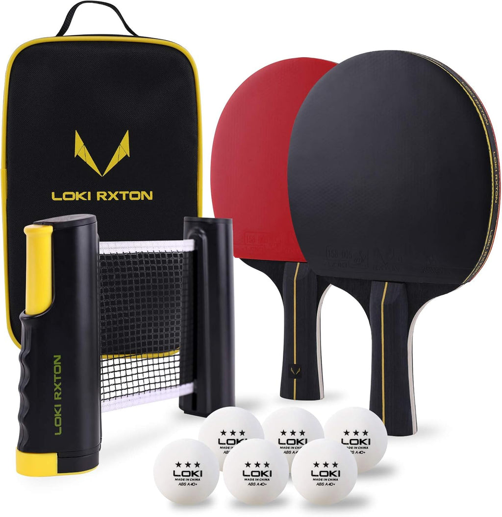Ping Pong Paddles Set of 2 with Retractable Net, 6 Pack 3-Star Balls Portable Storage Case K640