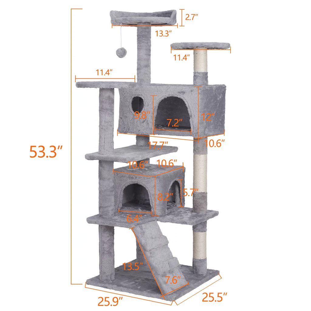 55-in Light Gray Cat Tree & Scratching Post Tower D3452