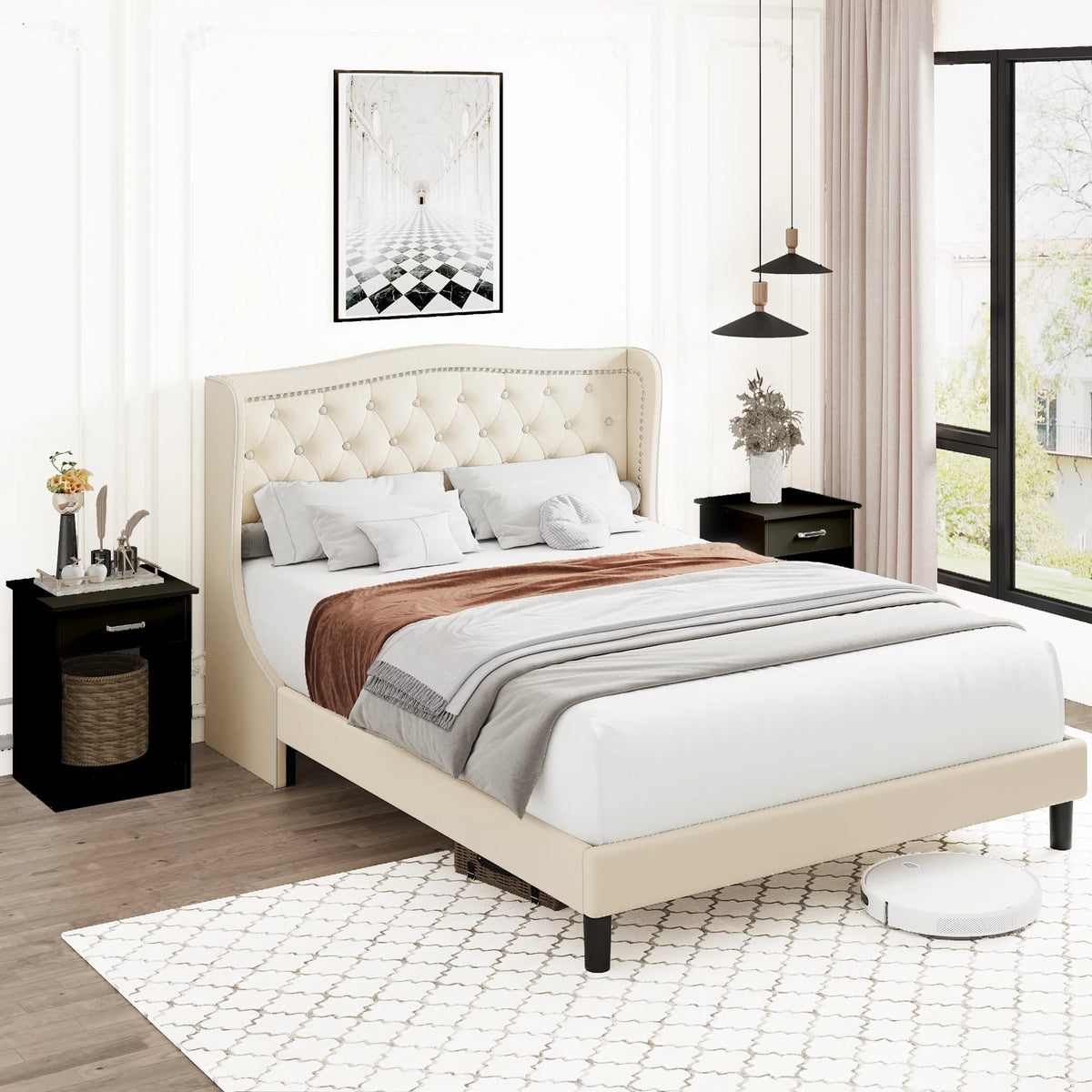 King Bed Frame with Wing-Back Button Tufted Upholstered Headboard D2126