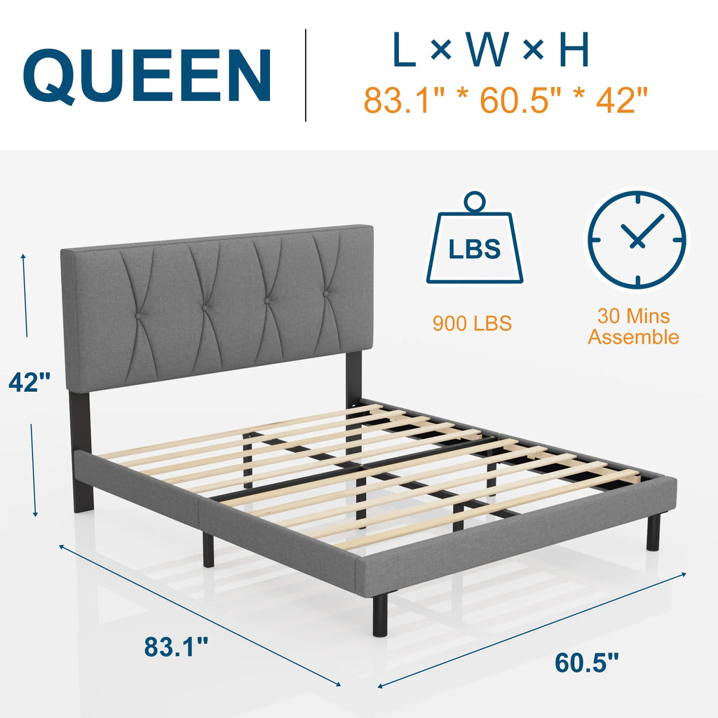 Queen Size Platform Bed with Fabric Upholstered Headboard M8323