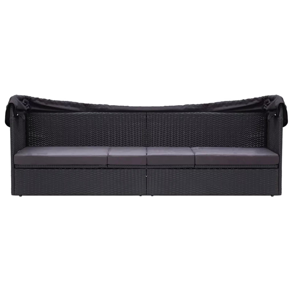 Black Poly Rattan Sun Lounger with Canopy and Cushion O622