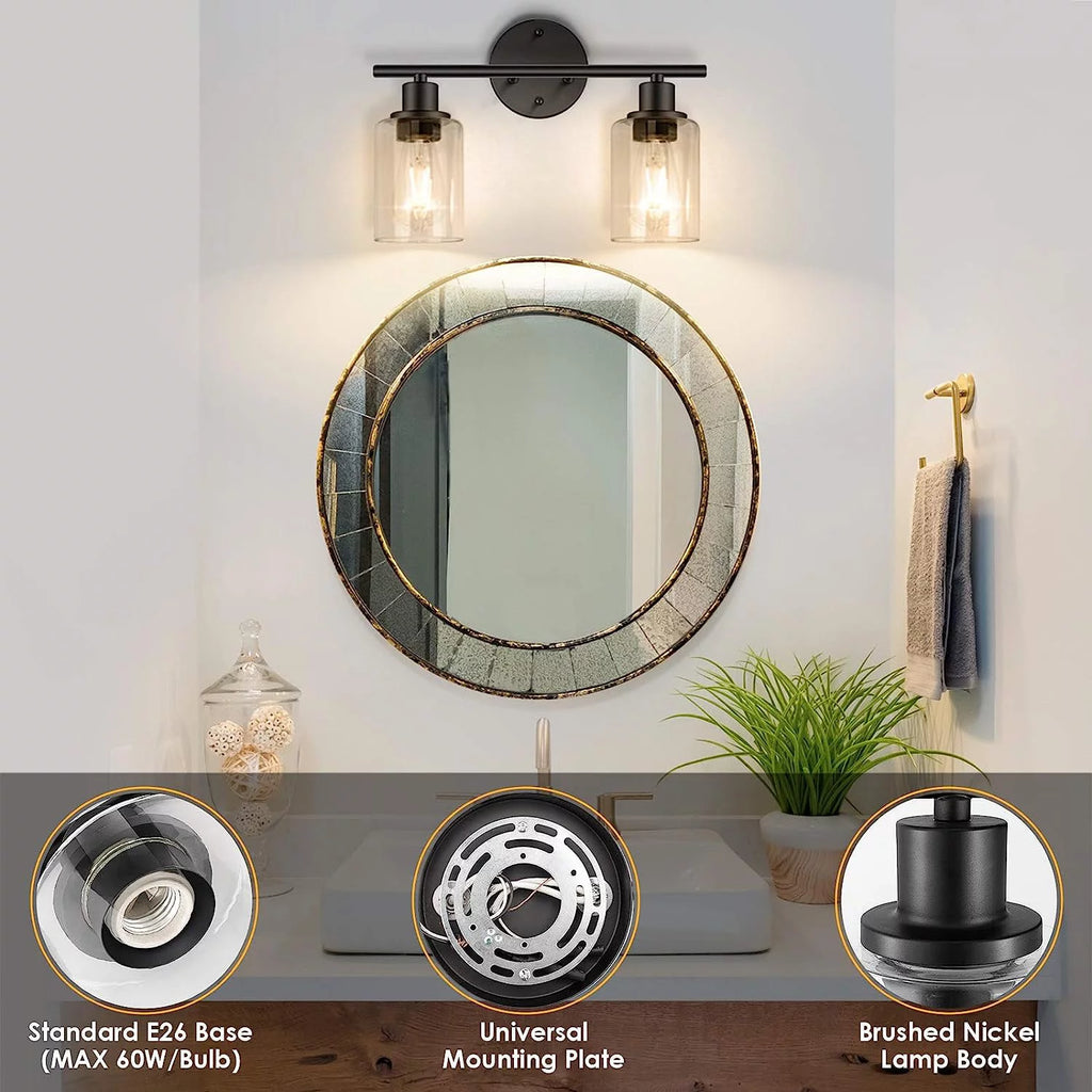 2 Light Matte Black Vanity Light with Glass F452