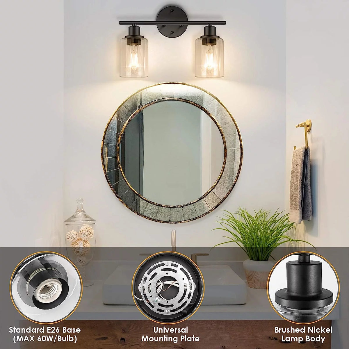 2 Light Matte Black Vanity Light with Glass F452