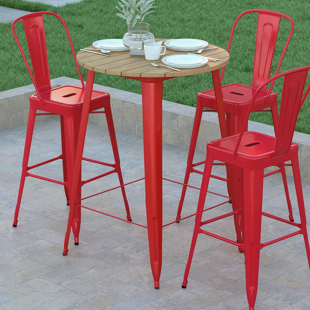 Indoor/Outdoor Bar Top Table 30" Round Brown Resin Top Red Steel Base U8265