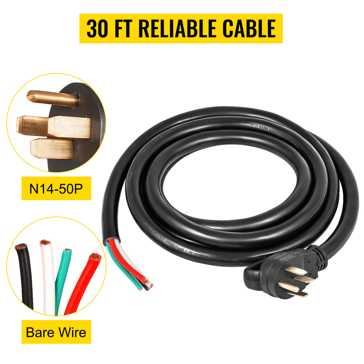 30' 50A RV Power Cord 6/3 + 8/1 AWG NEMA 14-50P to Bare Wire D120