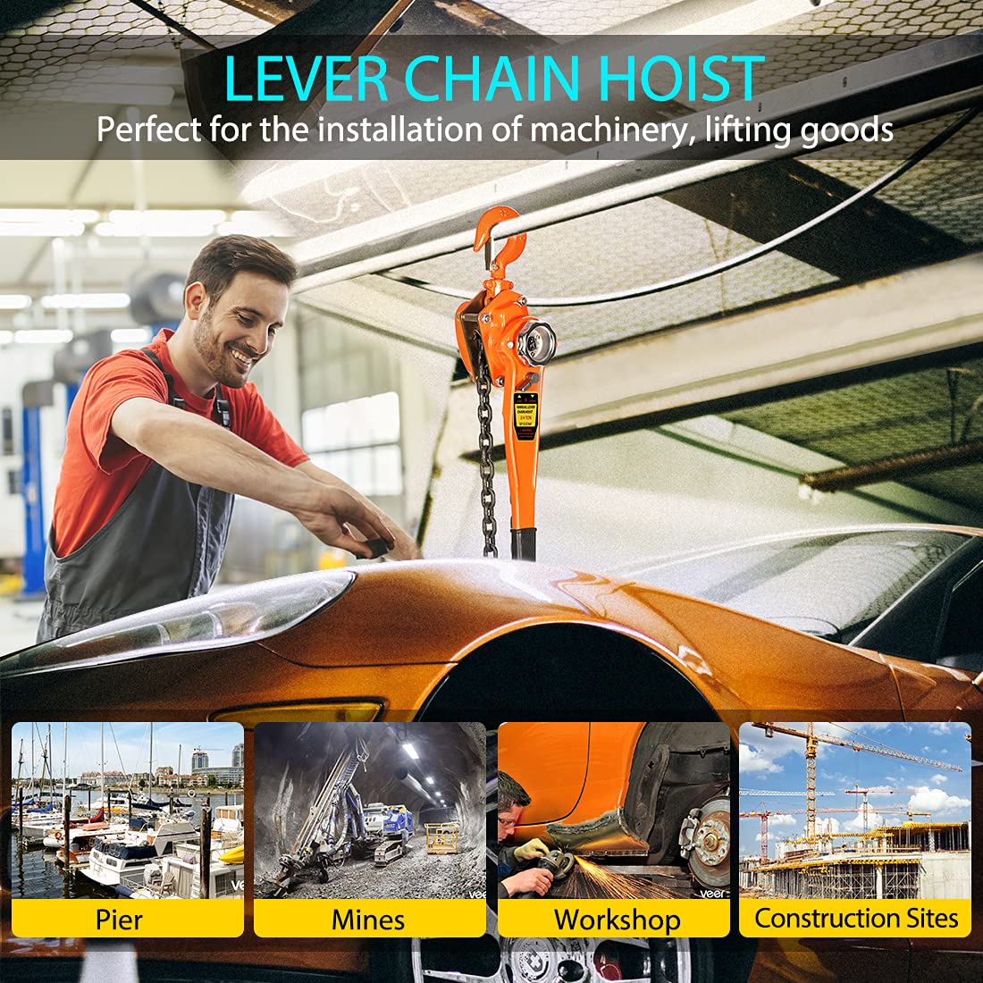 3/4 Ton Capacity 5 Feet Lever Chain Hoist with 2 Hooks J53385
