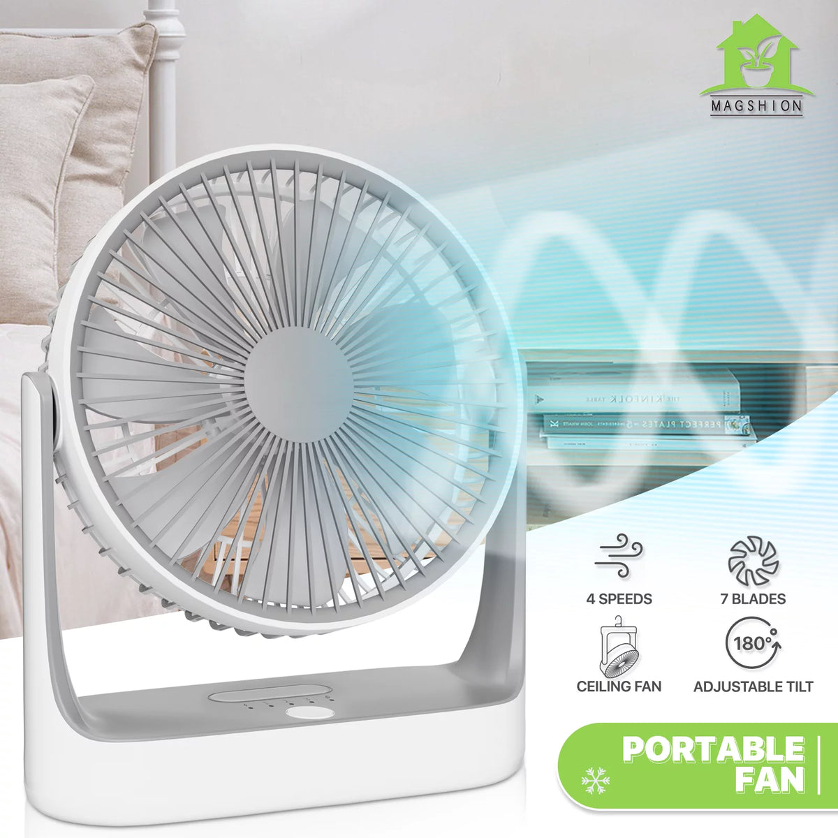 USB Desktop Fan, Rechargeable Wall Mounted Hanging Fan with LED Light, White Q98157