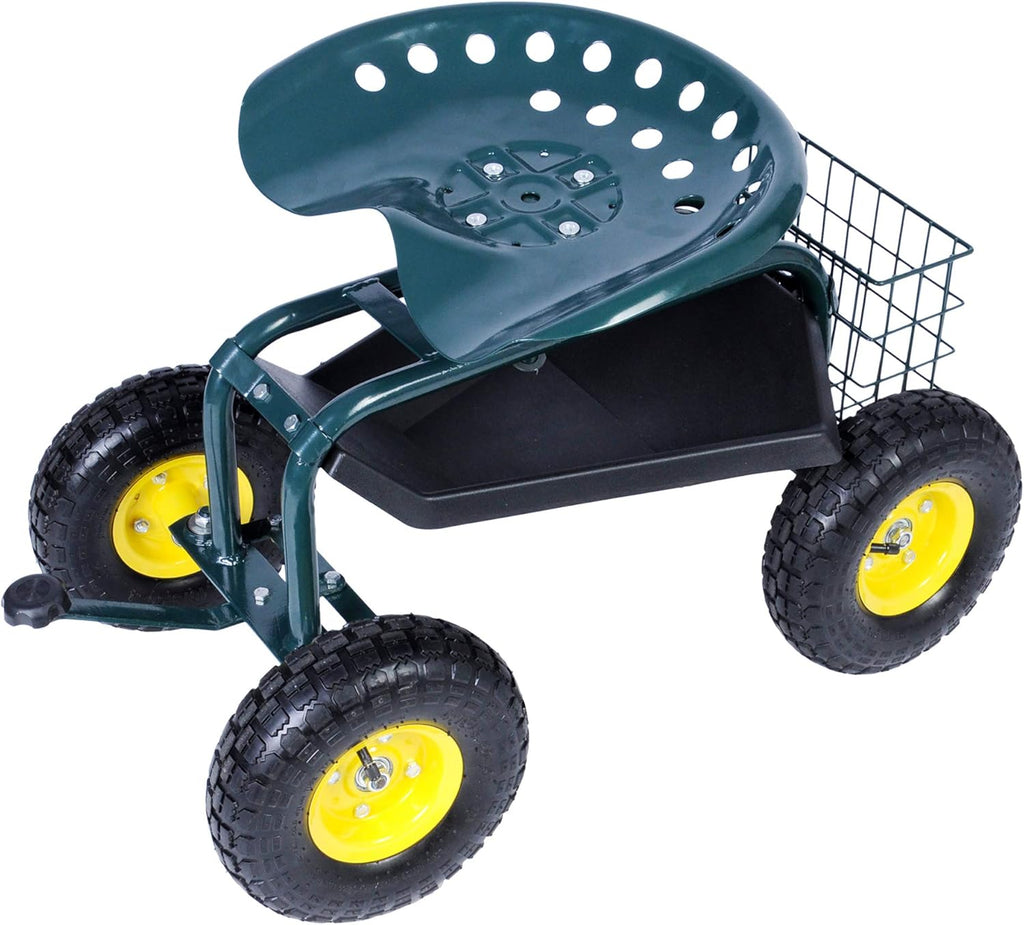 Green Steerable Garden Stool Cart with Tool Tray and Storage Basket on Wheels W83847