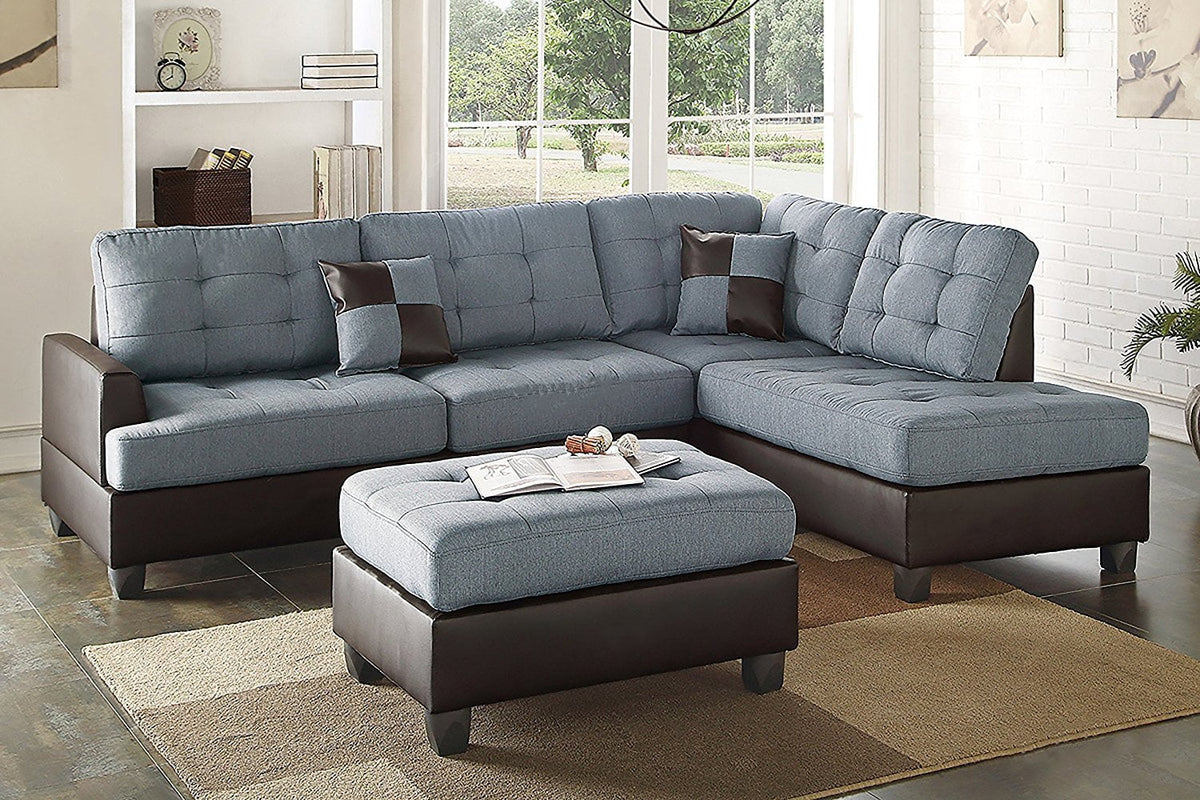 Grey Reversible Sectional Sofa Chaise Ottoman Set with 2 Accent Pillows O73961