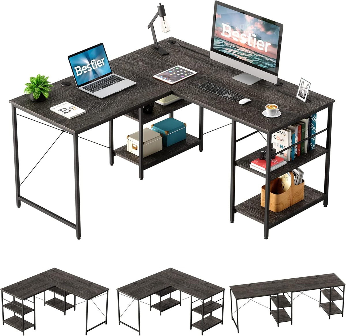 Grey Oak L Shaped Desk with Shelves 95.2 Inch Reversible Corner Computer Desk W42339