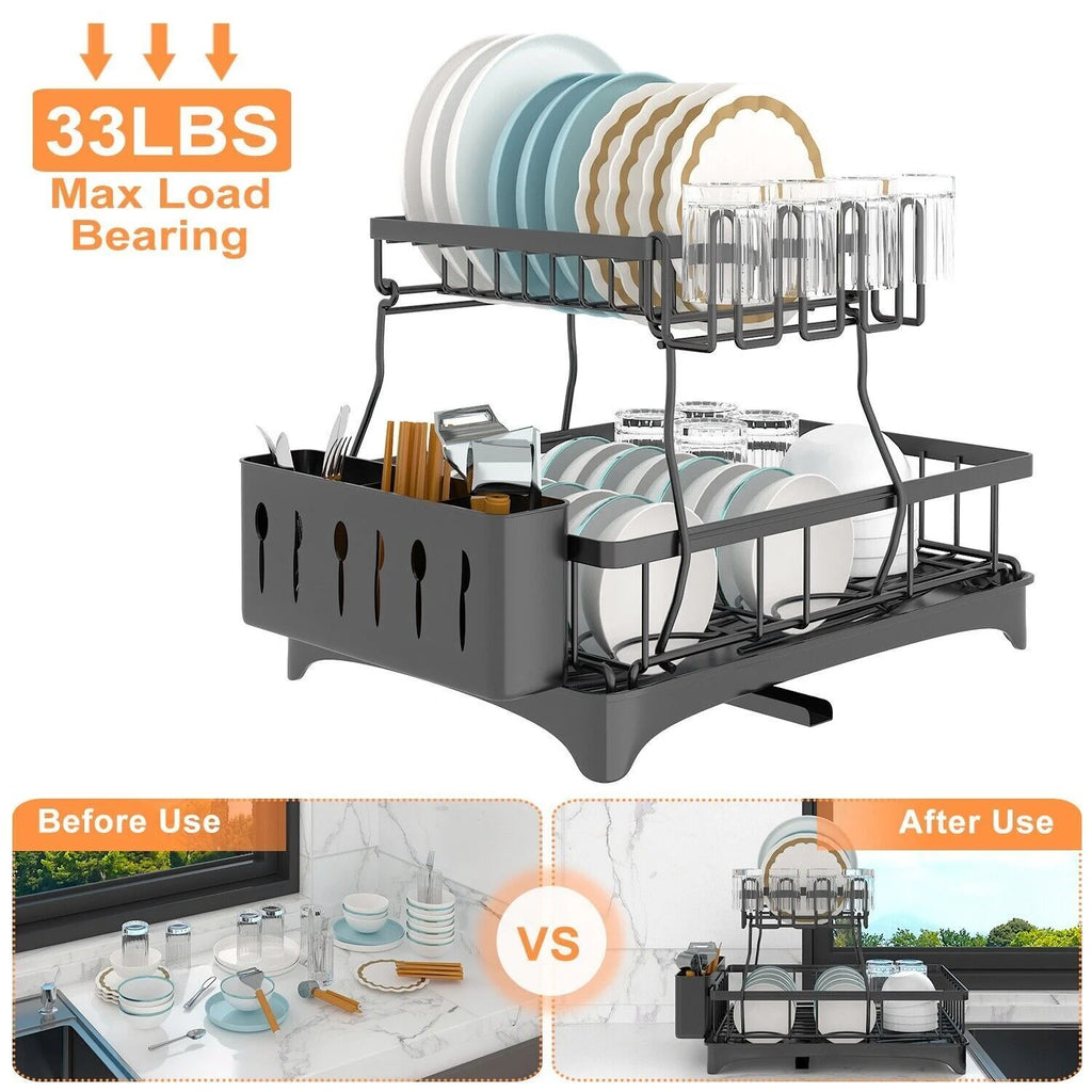 2 Tier Stainless Steel Dish Rack with Drainer A640