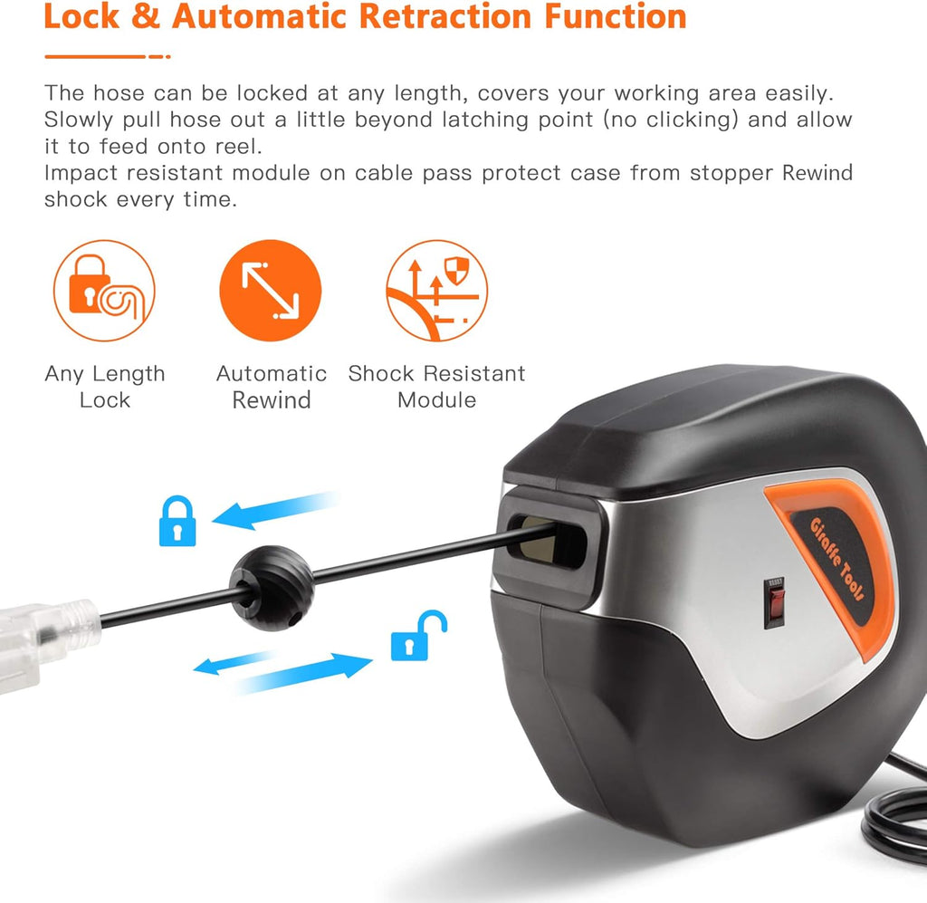 Retractable Extension Cord Reel 40ft Heavy Duty with Swivel Bracket Lighted Triple Tap W518400