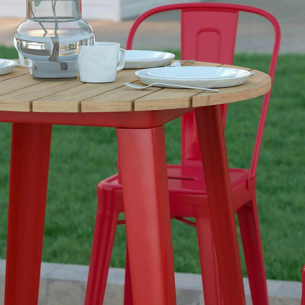Indoor/Outdoor Bar Top Table 30" Round Brown Resin Top Red Steel Base U8265