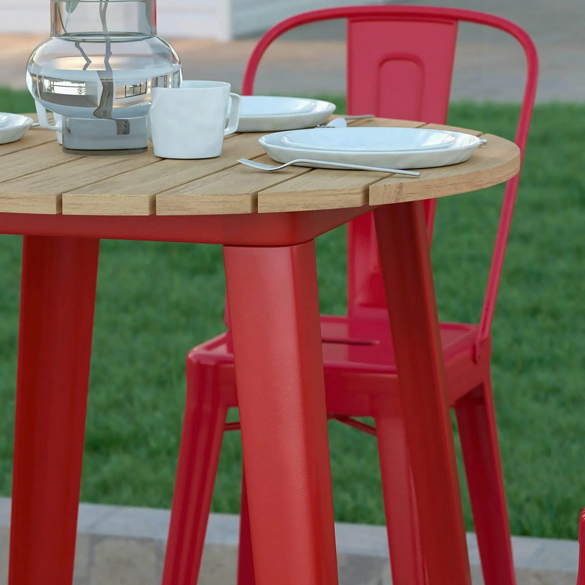 Indoor/Outdoor Bar Top Table 30" Round Brown Resin Top Red Steel Base U8265