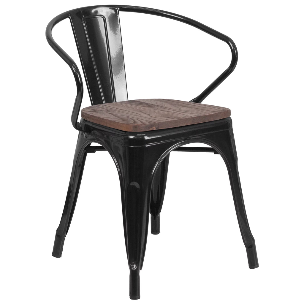 Black Metal Chair with Wood Seat and Arms A28022