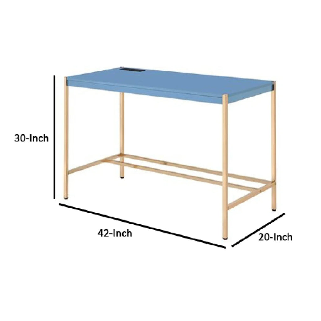 Blue and Rose Gold Writing Desk with USB Dock and Metal Legs H422