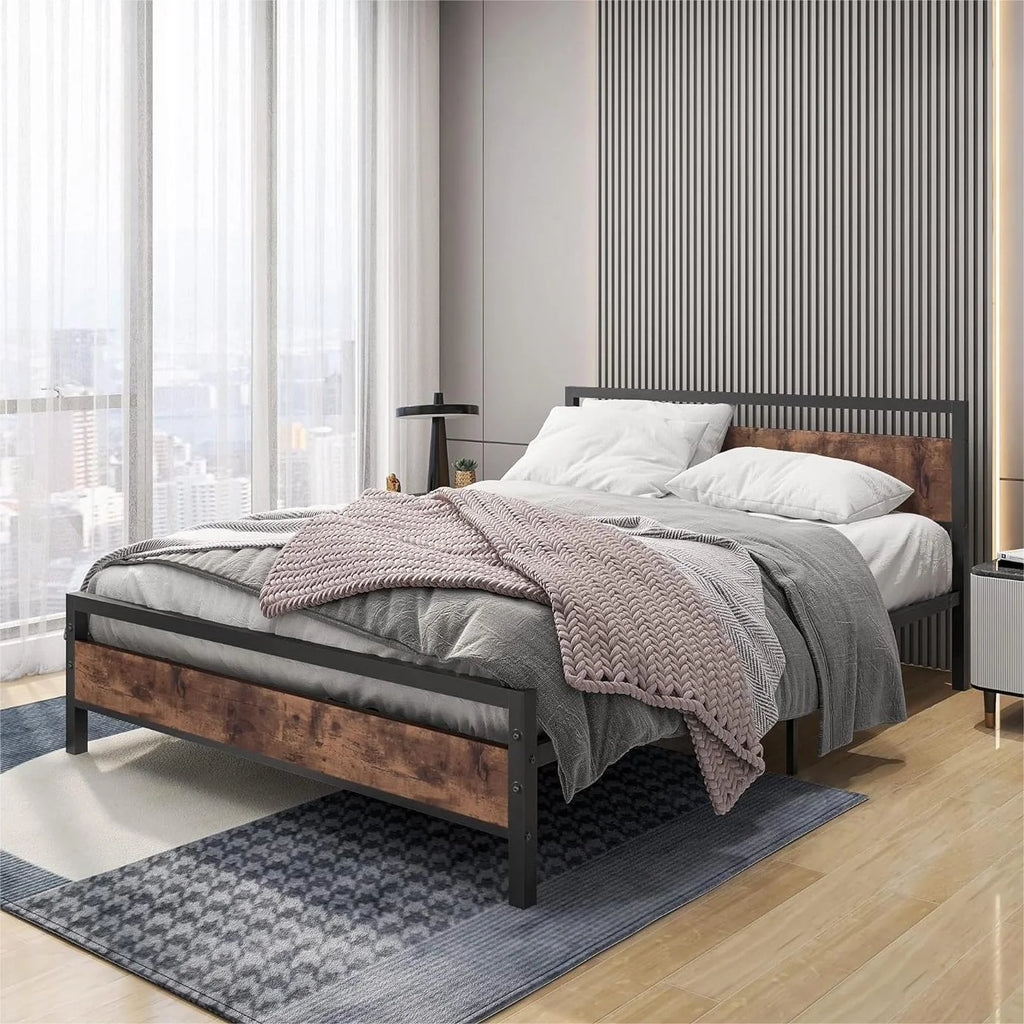 Queen Size Metal Platform Bed Frame with Wooden Headboard Footboard A44853