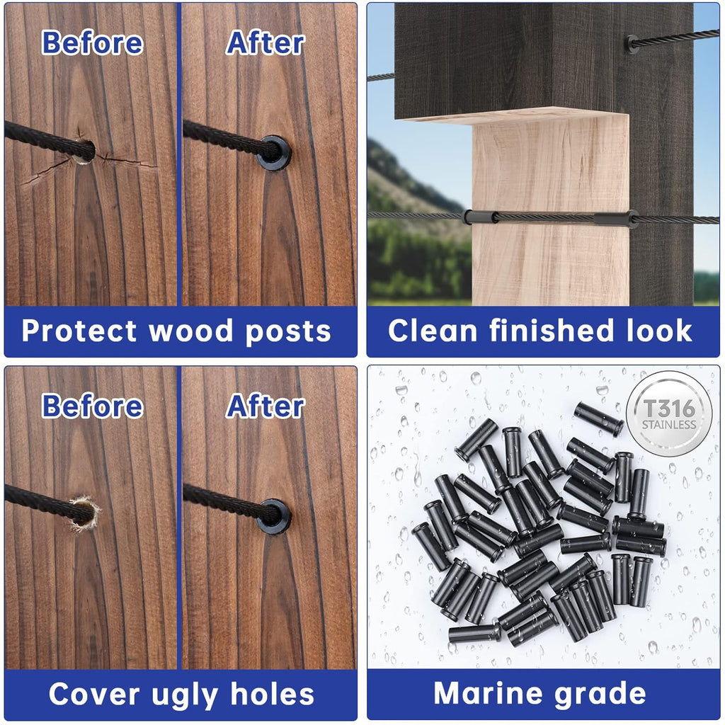Black Stainless Steel Cable Railing Kit Hardware for 1/8 Wire Rope Wood Posts T316 Marine Grade D566286