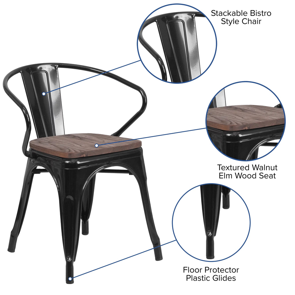 Black Metal Chair with Wood Seat and Arms A28022