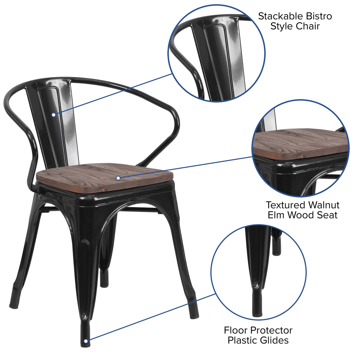 Black Metal Chair with Wood Seat and Arms A28022