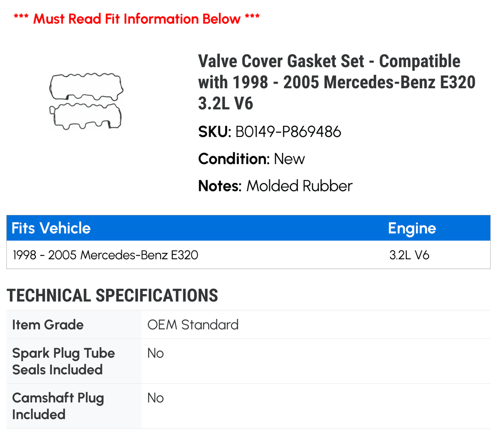 Valve Cover Gasket Set for 1998-2005 Mercedes-Benz E320 3.2L V6 R317