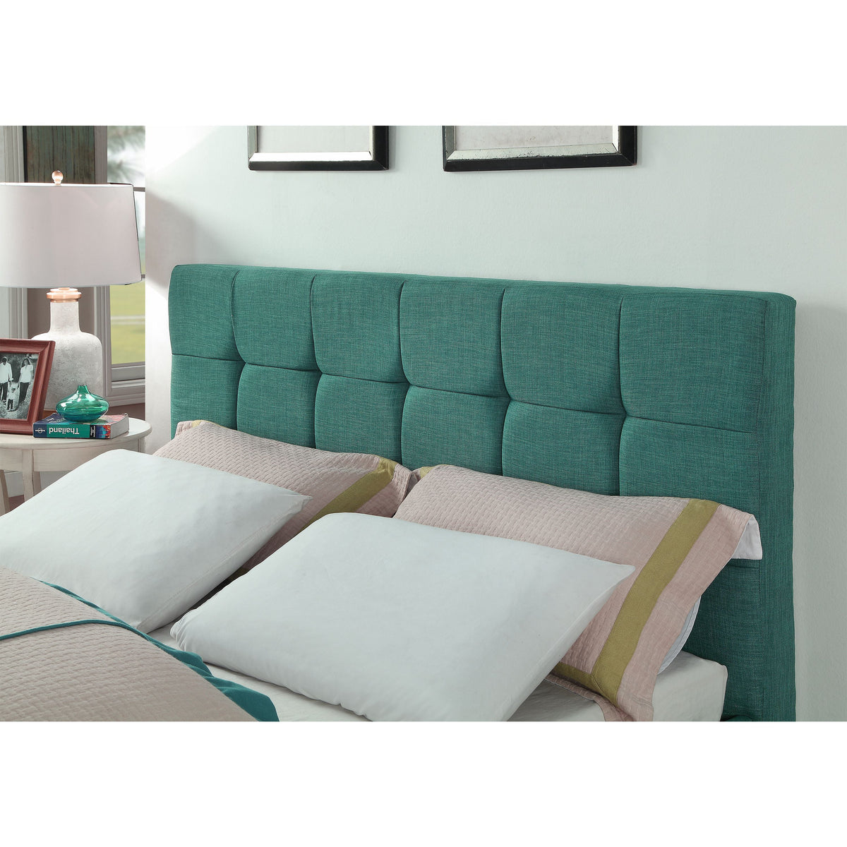 Blue California King Upholstered Platform Bed with Wooden Slats I75203