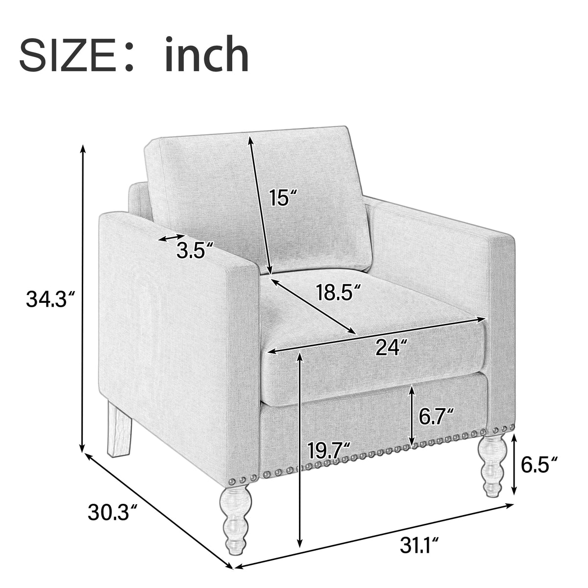 Light Gray Linen Armchair with Wooden Legs C64536