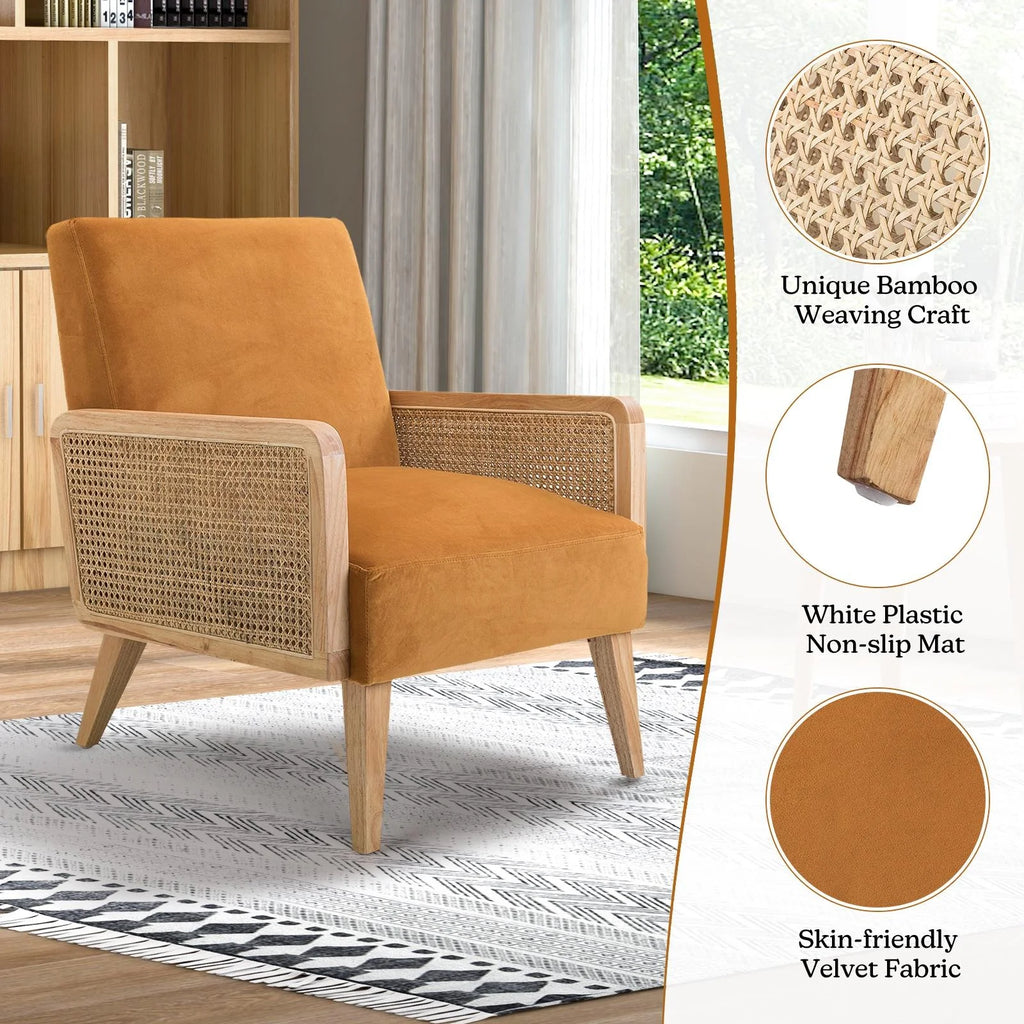 Yellow Fabric Upholstered Accent Chair with Rattan Armrests Z44437