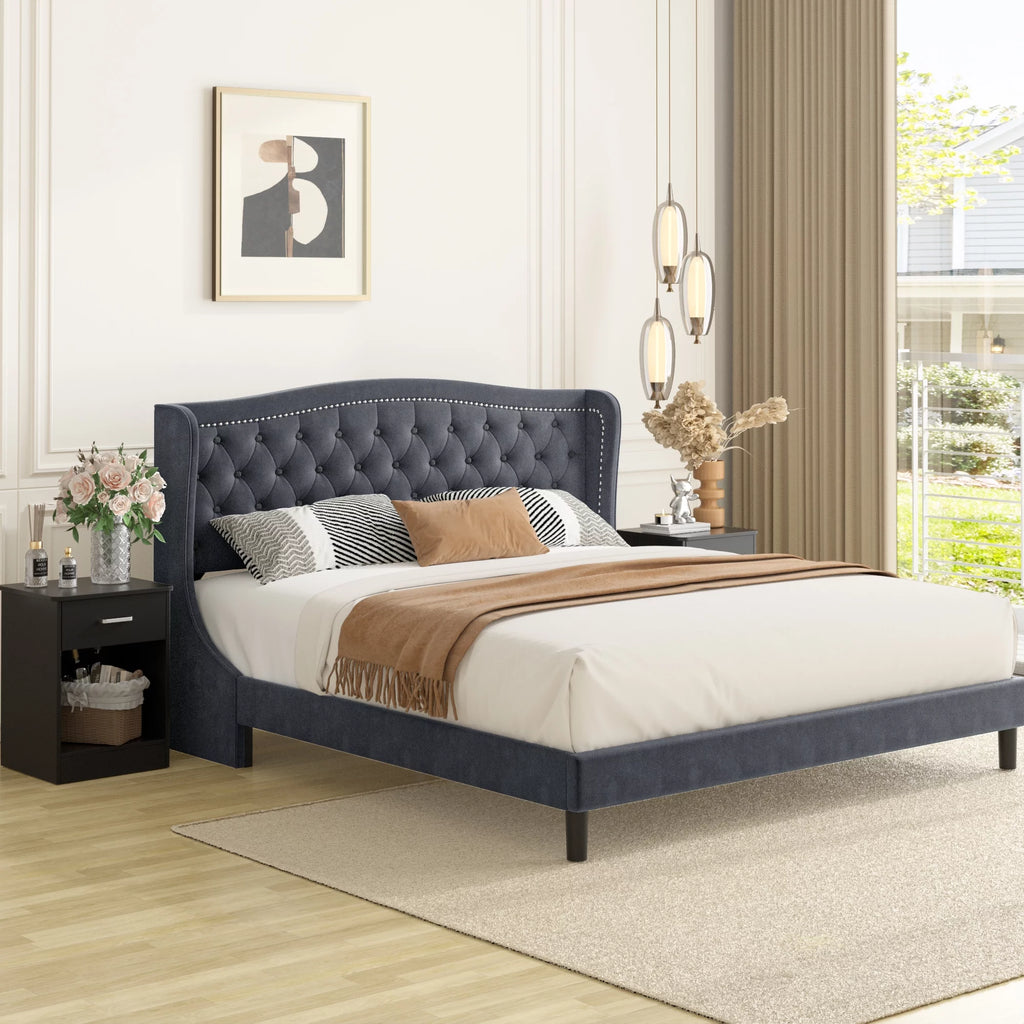 King Bed Frame with Wing-Back Button Tufted Upholstered Headboard D2126