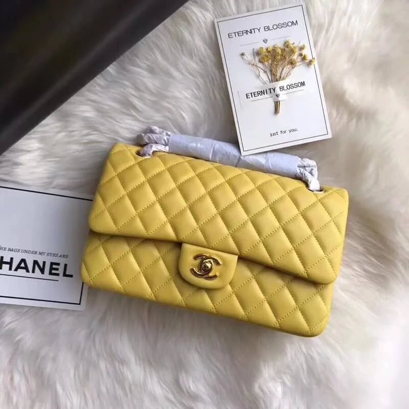 Yellow Medium Lambskin Leather Flap Bag Q55374