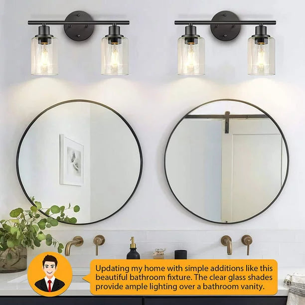 2 Light Matte Black Vanity Light with Glass F452