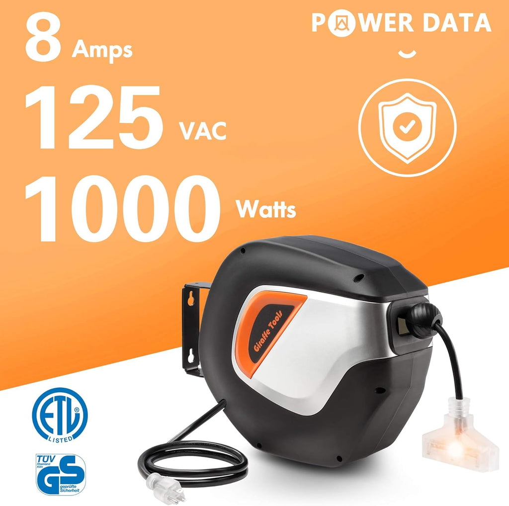 Retractable Extension Cord Reel 40ft Heavy Duty with Swivel Bracket Lighted Triple Tap W518400