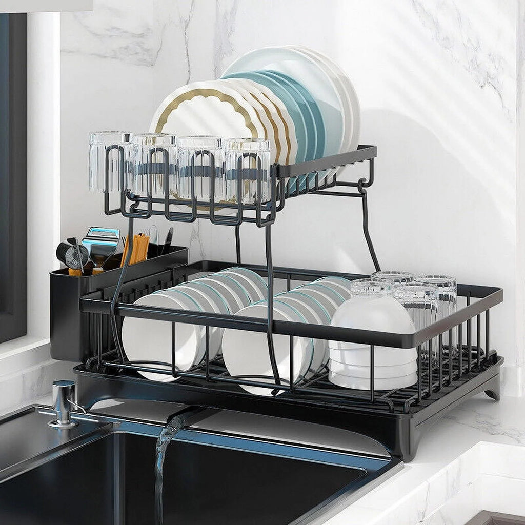 2 Tier Stainless Steel Dish Rack with Drainer A640