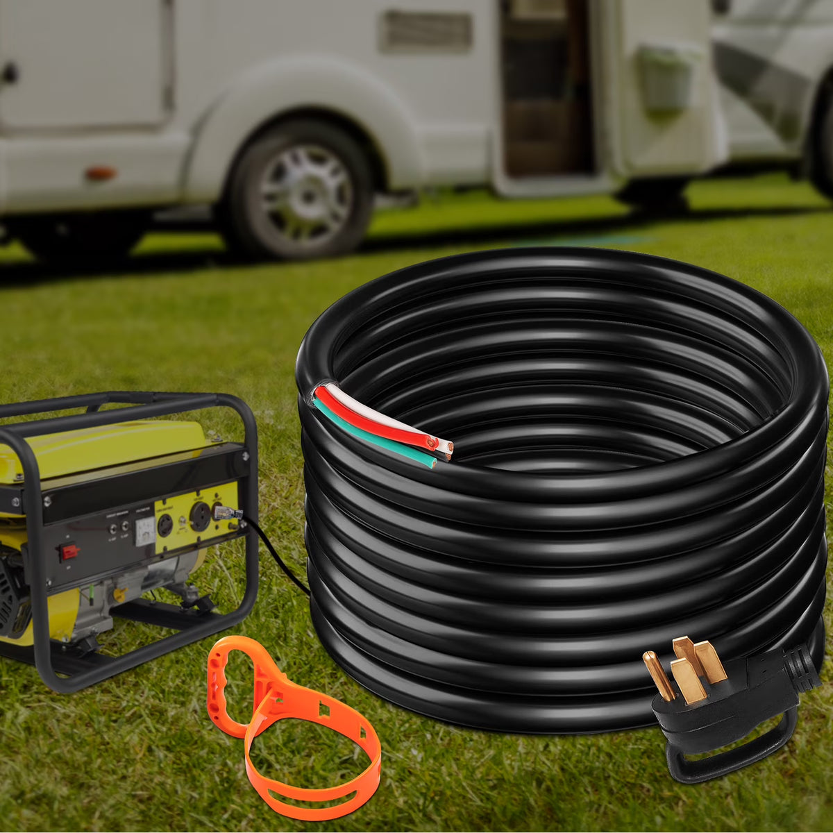 30' 50A RV Power Cord 6/3 + 8/1 AWG NEMA 14-50P to Bare Wire D120