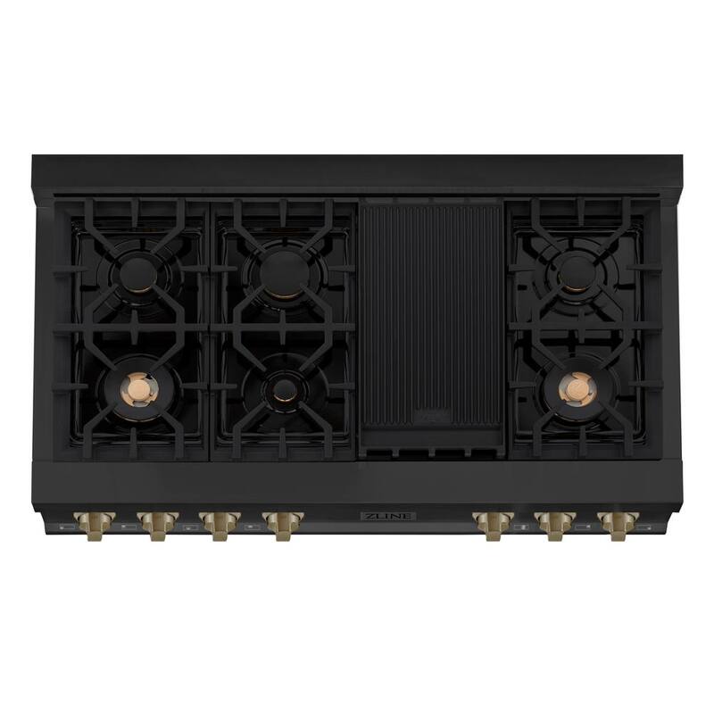 48 in. 7 Burner Gas Cooktop with Champagne Bronze Knobs in Black Stainless Steel P9209
